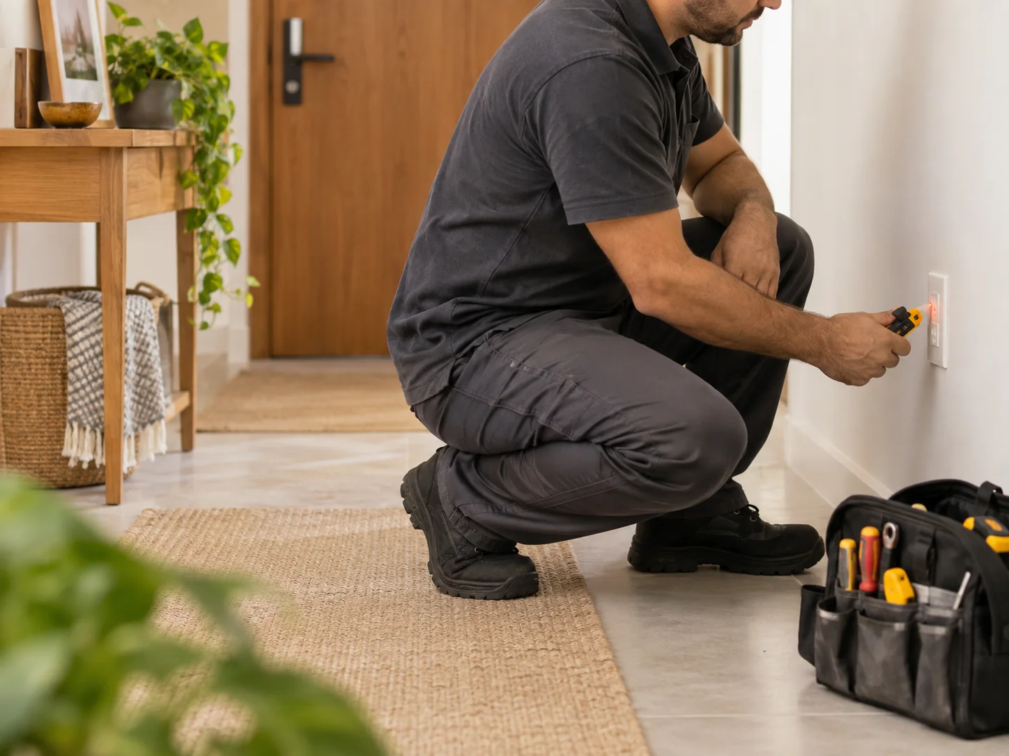 Profissional verificando tomada residencial com medidor elétrico