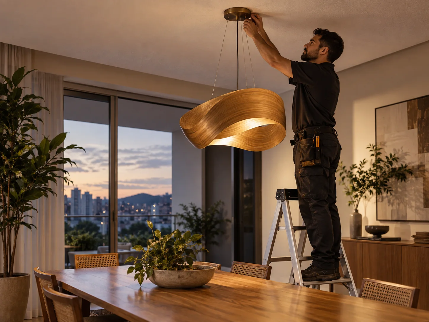 Profissional instalando luminária em sala de jantar residencial
