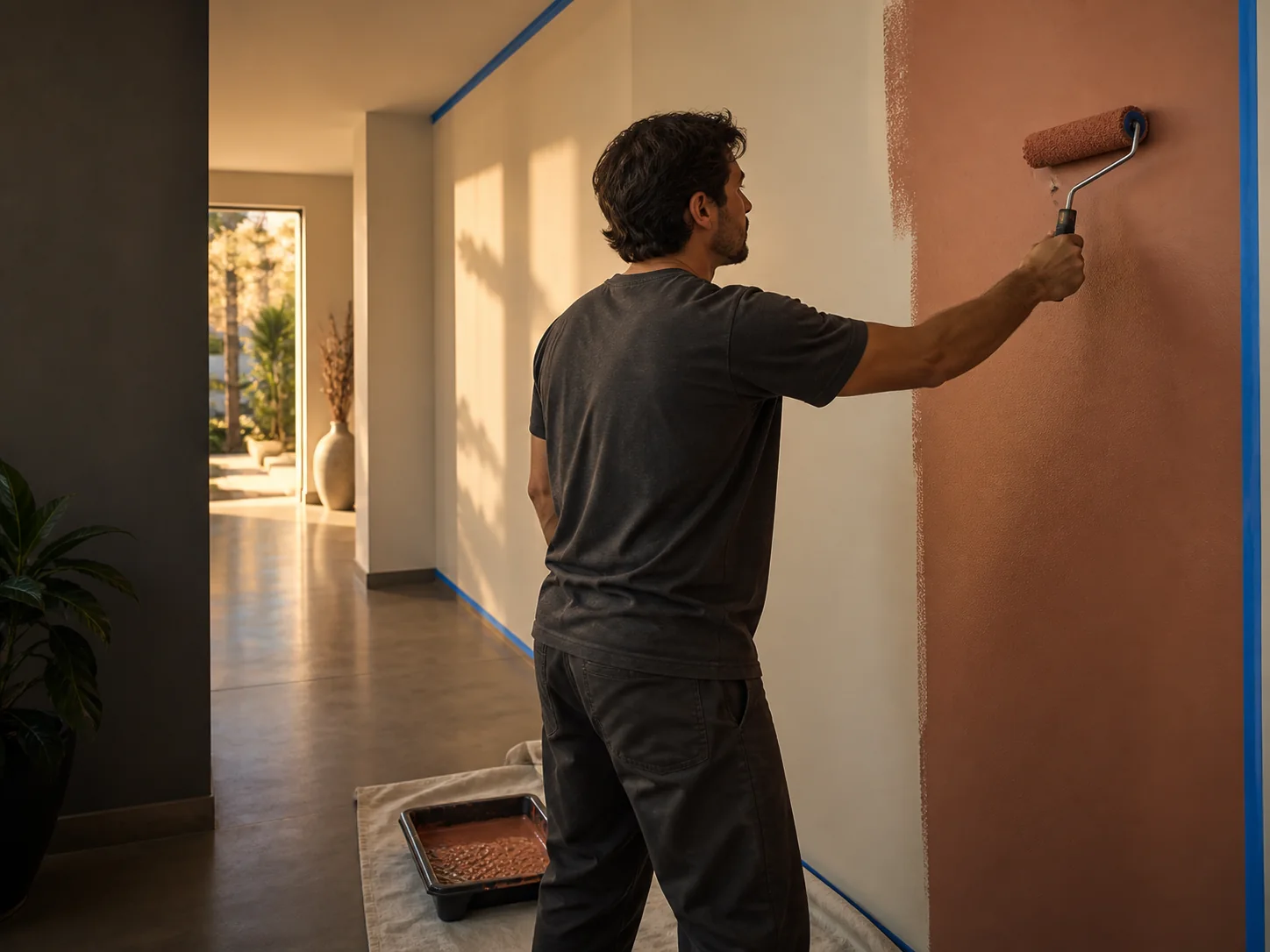 Profissional aplicando pintura de acabamento em parede interna